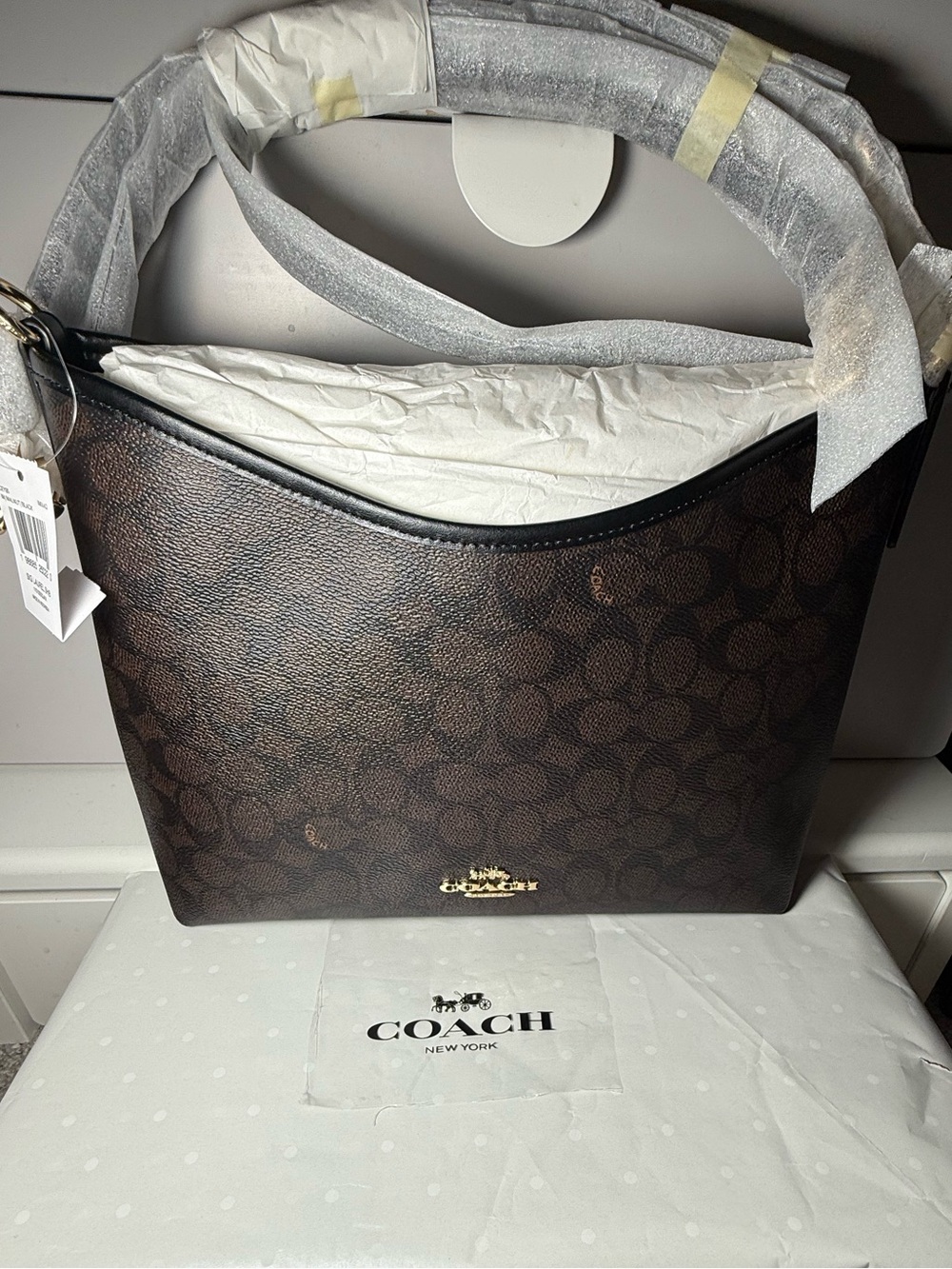 Coach Brown Monogram Shoulder Bag with Black Trim